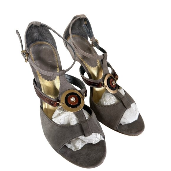 Charles David, Grey Suede with 70's Style w/ Hardware, & Gold Heel, Size 6 - Picture 2 of 7